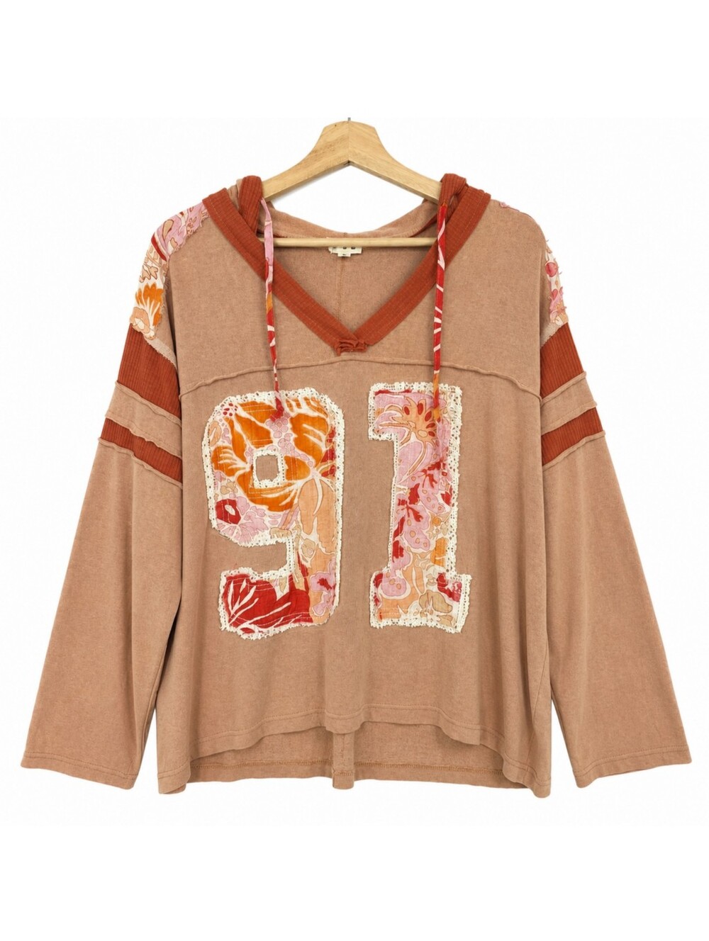 POL Oversized Boho Hoodie Sweatshirt Floral Patchwork Applique Knit Top Large - Picture 2 of 15